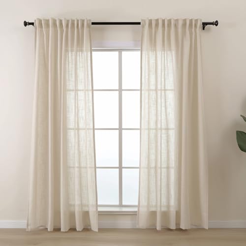 L.Z.E Beige Gardinen mit Kräuselband, Halbtransparente Linen Vorhänge für Wohnzimmer Schlafzimmer Kinderzimmer Fenster, 2er Set Unifarbe Leinenoptik Landhaus Stil 260 cm Extra Lang (LZE2206T-BG260) von L.Z.E