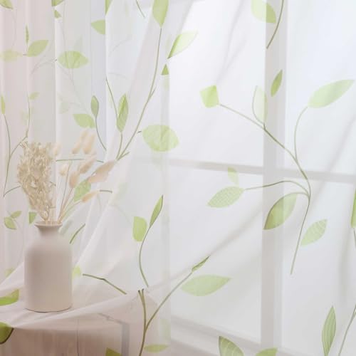 L.Z.E Durchsichtige Vorhänge für Wohnzimmer, 244 cm lang, Frühlingsgrünes Pflanzenmuster, elegantes Weiß, natürliche Vorhänge und Vorhänge für Schlafzimmer, Esszimmer, Fensterbehandlung, Ösen, 2 von L.Z.E