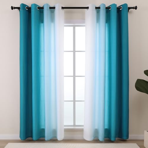 L.Z.E Gardinen Sichtschutz Lichtdurchlässig Petrol Farbverlauf Ösenvorhang Gardine Schal Weiß Türkis Vorhänge für Wohnzimmer Schlafzimmer Fenster 2er Set Privatsphäre Gardine mit Ösen 245 cm Lang Dünn von L.Z.E
