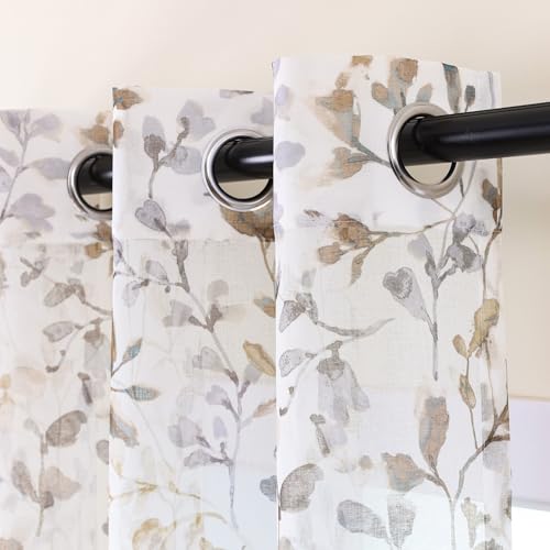 L.Z.E Gardinen Braun Taupe für Wohnzimmer, Vorhänge Sand mit Ösen, Transparent Gardine Vorhang für Schlafzimmer Fenster, 2er Set Blätter Muster Leinenoptik Ösenvorhang 225 cm Lang (LZE2226E-TP225) von L.Z.E