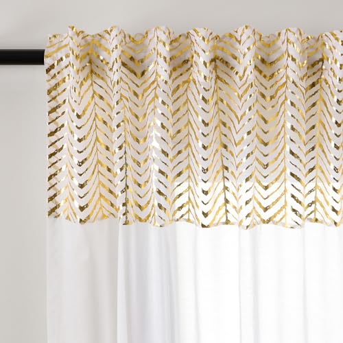 L.Z.E Gardinen Gold Weiß mit Kräuselband Vorhänge Transparent für Wonzimmer Schlafzimmer für Schienensystem 183 cm Lang Gardine Vorhang Schiene Deko Gardinenschal mit Zierbändern 2er Set von L.Z.E