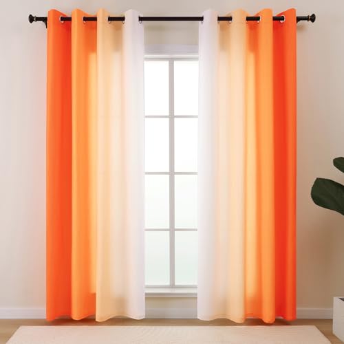L.Z.E Gardinen Kurz Sichtschutz Lichtdurchlässig Vorhänge Orange Weiß Farbverlauf mit Ösen für Schlafzimmer Wohnzimmer 2er Set Privatsphäre Gardine Vorhang 140 x 145 cm Kurz Dünn von L.Z.E