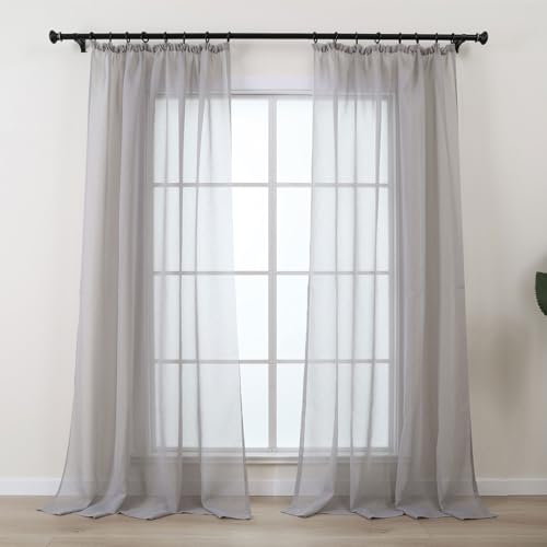 L.Z.E Gardine Grau für Wohnzimmer Kurz, Vorhang Hellgrau mit Kräuselband für Schienensystem, Transparent Gardinen Vorhänge für Schlafzimmer Fenster, 2er Set Leinenoptik Gardinenschals Modern 145 cm von L.Z.E
