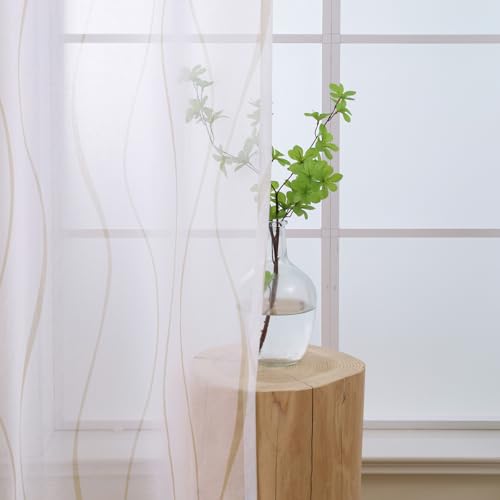 L.Z.E Gardinen Weiss Beige für Wohnzimmer, Vorhänge Weiß Sand mit Ösen, Transparent Gardine Vorhang für Schlafzimmer Fenster, 2er Set Leinenoptik Ösenvorhang Modern 225 cm Lang (LZE2221E-BG225) von L.Z.E
