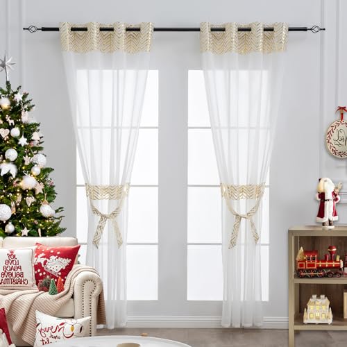 L.Z.E Gardinen Vorhänge Wohnzimmer Modern Set Gold Weiß Gardine mit Ösen Boho Vorhang Kurz Fenster Ösenvorhang 2er Set Gardinenschals mit Muster für Schlafzimmer Kinderzimmer Transparent 175 cm Lang von L.Z.E