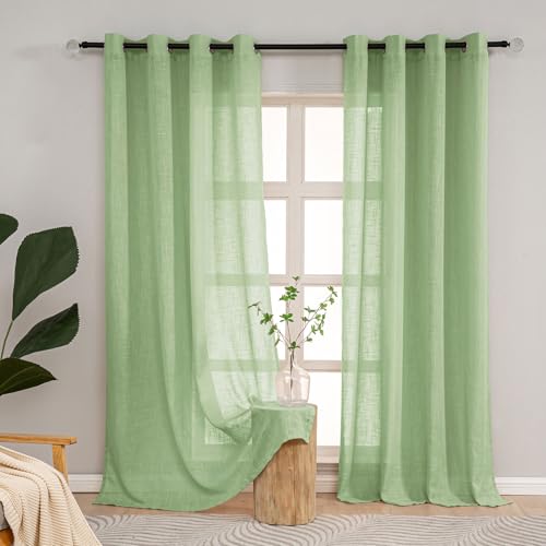 L.Z.E Grüne Gardinen Vorhänge für Wohnzimmer, Halbtransparent Ösen Stores Modern Kurz, Durchscheinend Leinenoptik Fenster Dekoschal 2er Set, 145 cm Hoch (LZE2206SA145) von L.Z.E