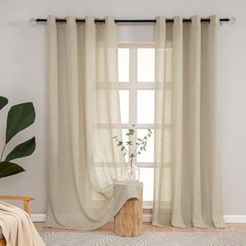 L.Z.E Gardinen Vorhänge Taupe Halbtransparent, Leinenoptik Gardine Vorhang mit Ösen, 145 cm Hoch Kurz Hellbraun Schals für Wohnzimmer Schlafzimmer, 2er Set 190g/㎡ Landhaus Stil Ösengardine Modern von L.Z.E