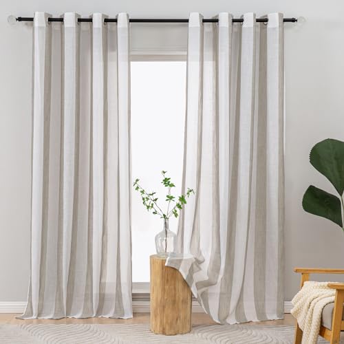 L.Z.E Gardinen Sand Weiß Gestreift Kurz, Vorhang Beige mit Ösen in Leinenoptik, 2er Set Halbtransparente Ösenschal für Wohnzimmer Schlafzimmer Fenster, Modern Streifen Landhaus 175 cm, 135g/㎡ von L.Z.E
