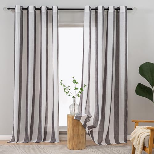 L.Z.E Gardine Kurz mit Ösen, Vorhang Schwarz Weiß Gestreift in Leinenoptik für Schlafzimmer Wohnzimmer und Fenster Modern, 2er Set Anthrazit Gardinen Halbtransparent, Kurz 145 cm Lang, 135g/㎡ von L.Z.E