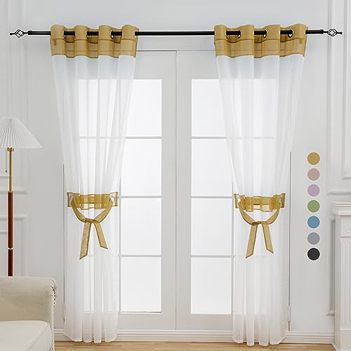 L.Z.E Transparente Vorhänge, weiß, durchsichtig, 244 cm lang, 2 Paneele, Set, Fenstervorhänge für Wohnzimmer, Vorhänge und Vorhänge (142.2 cm Bx243.8 cm L), Goldfarben von L.Z.E