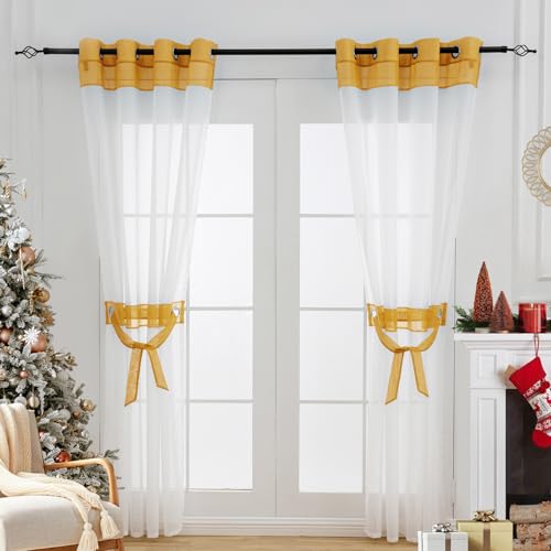 L.Z.E Voile Gardinen Transparente Gold Weiß Vorhänge für Wohnzimmer und Schlafzimmer 243 cm Lang 2er Set Gardine Vorhang mit Ösen Deko Schal mit Zierbändern Leichter & Luftiger Ösenvorhang von L.Z.E