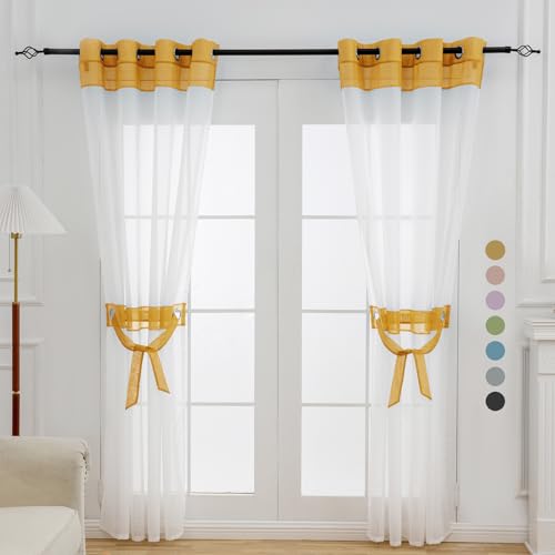 L.Z.E Voile Gardinen Transparente Gold Weiß Vorhänge für Wohnzimmer und Schlafzimmer 274 cm Extra Lang 2er Set Gardine Vorhang mit Ösen Deko Schal mit Zierbändern Leichter & Luftiger Ösenvorhang von L.Z.E