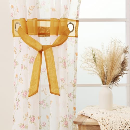 L.Z.E Voile Gardinen Transparente Gold Weiß Vorhänge mit Blumen Muster für Wohnzimmer Schlafzimmer Kinderzimmer 274 cm Extra Lang 2er Set Gardine Vorhang mit Ösen Geblümte Deko Schal mit Zierbändern von L.Z.E