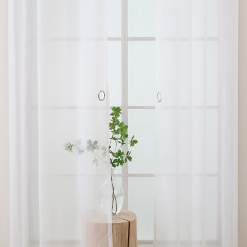 L.Z.E Voile Gardinen Transparente Weiß Vorhänge für Wohnzimmer und Schlafzimmer 183 cm Kurz 2er Set Gardine Vorhang mit Ösen Deko Schal mit Zierbändern Leichter & Luftiger Ösenvorhang von L.Z.E