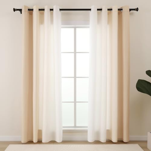 L.Z.E Vorhänge Beige Weiß Farbverlauf mit Ösen Kurze Gardinen Sichtschutz Lichtdurchlässig 2er Set Gardine Vorhang für Schlafzimmer Wohnzimmer Kinderzimmer Fenster Modern Privatsphäre Ösenvorhang Dünn von L.Z.E