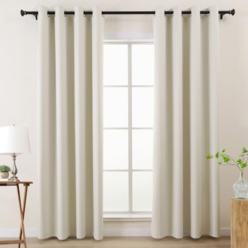 L.Z.E Vorhänge Verdunkelung Elfenbein, CremeAbdunkelnde Gardinen Vorhang mit Ösen, 100% Verdunkelnde Gardinenschal für Schlafzimmer und Wohnzimmer, 245 cm Lang, 2er Set Leinenoptik Blickdicht von L.Z.E
