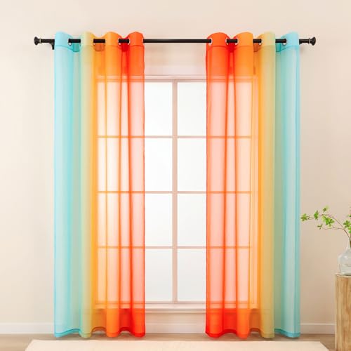 L.Z.E Vorhänge Gardine mit Farbverlauf Vorhang Blau Orange für Wohnzimmer Kinder Mädchen Schlafzimmer Fenster Transparent mit Ösen 2er Set Voile Gardinen Schal 140 x 175 cm Kurz (LZE2220E-BO175) von L.Z.E