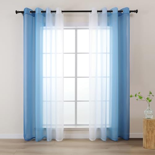 L.Z.E Vorhänge Gardine mit Farbverlauf Vorhang Blau Weiß für Wohnzimmer Kinder Mädchen Schlafzimmer Fenster Transparent mit Ösen 2er Set Voile Gardinen Schal 140 x 145 cm Kurz (LZE2220E-BL145) von L.Z.E