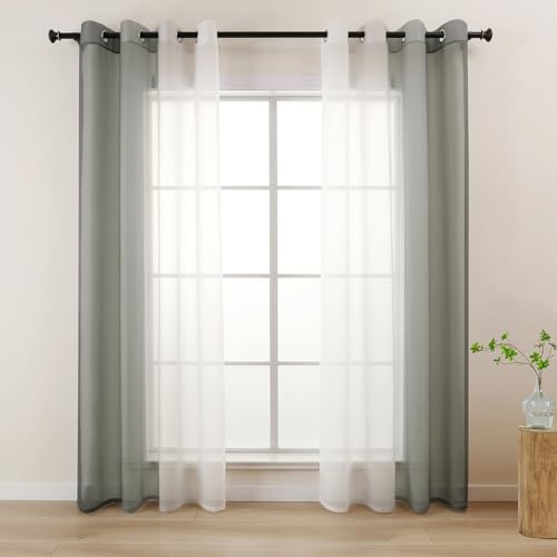 L.Z.E Vorhänge Gardine mit Farbverlauf Vorhang Grau Weiß für Wohnzimmer Kinder Mädchen Schlafzimmer Fenster Transparent mit Ösen 2er Set Voile Gardinen Schal 140 x 225 cm Lang (LZE2220E-GR225) von L.Z.E