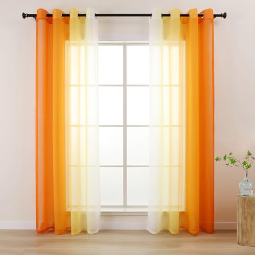 L.Z.E Vorhänge Gardine mit Farbverlauf Vorhang Orange Weiß für Wohnzimmer Kinder Mädchen Schlafzimmer Fenster Transparent mit Ösen 2er Set Voile Gardinen Schal 140 x 225 cm Lang (LZE2220E-OR225) von L.Z.E