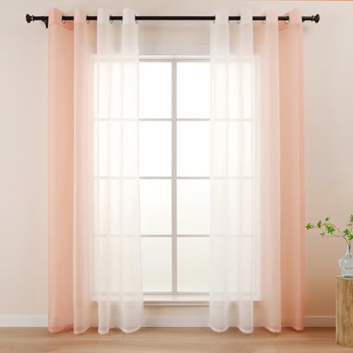 L.Z.E Vorhang Rosa Weiß Farbverlauf, Transparente Gardinen für Wohnzimmer Schlafzimmer Mädchenzimmer, 140 x 245 cm Lang, 2er Set Voile Vorhänge Gardine mit Ösen, Ösenschals Dekorativ von L.Z.E