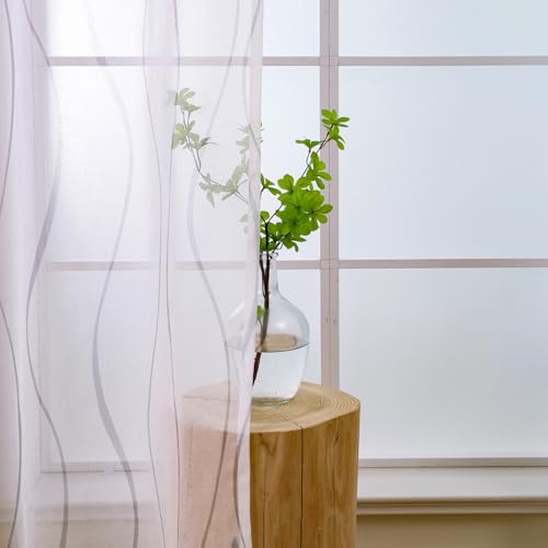 L.Z.E Vorhänge Weiß Grau für Wohnzimmer, Gardinen Weiss Hellgrau mit Ösen, Transparent Gardine Vorhang für Schlafzimmer Fenster, 2er Set Leinenoptik Schals Modern 245 cm Lang von L.Z.E