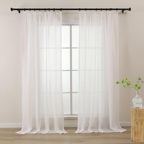 L.Z.E Vorhänge Weiß mit Kräuselband, 2er Set Transparent Leinenoptik Gardine Store für Wohnzimmer & Küche, 130 x 145 cm Kurz, Gardinen Vorhang, für Schienensystem, Gardinenschal Extra Weich von L.Z.E