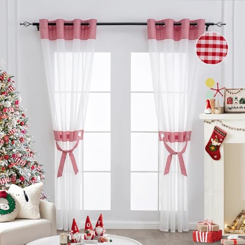 L.Z.E Vorhänge Wohnzimmer Rot Weiß Karo Muster mit Ösen 2er Set Transparent Gardinen Vorhang für Schlafzimmer Kinderzimmer Landhausstil Modern Durchsichtig Rot Kariert 245 x 140 cm von L.Z.E