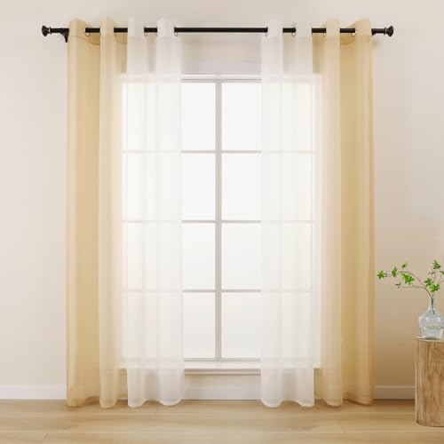 L.Z.E Vorhang Beige Weiß Farbverlauf, Transparente Gardinen für Wohnzimmer Schlafzimmer, 140 x 245 cm Lang, 2er Set Voile Gardine Vorhänge mit Ösen, Deko Schals Leicht von L.Z.E