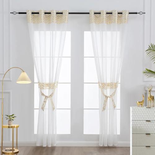 L.Z.E Vorhang Gold Kurz Gardinen mit Ösen und Gold Muster für Wohnzimmer 2er Set Fenster Gardinenschals Transparent HxB 145x140 cm von L.Z.E