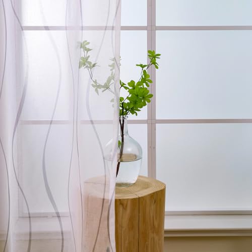 L.Z.E Vorhang Weiß Grau für Wohnzimmer Kurz Gardine mit Kräuselband für Schienensystem Transparente Gardinen Vorhänge für Schlafzimmer Fenster 2er Set Leinenoptik Schals Modern 175 cm von L.Z.E