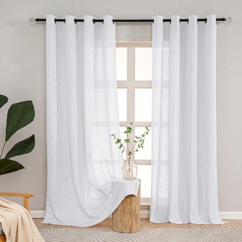L.Z.E Gardinen Vorhänge Weiß Halbtransparent, Leinenoptik Gardine Vorhang mit Ösen, 175 cm Lang Kurz Weisse Stores Schals für Wohnzimmer Schlafzimmer, 2er Set 190g/㎡ Landhaus Stil Modern, Schneeweiß von L.Z.E