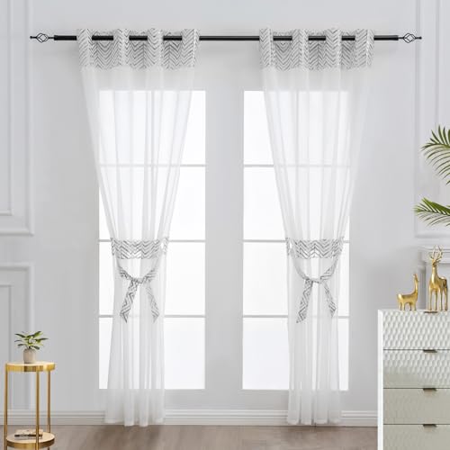 L.Z.E Weiße Gardinen mit Silber Muster Kurz Vorhang Transparent in Weiss Ösenvorhänge für Wohnzimmer Schlafzimmer Kinderzimmer 2er Set HxB 175x140 cm von L.Z.E