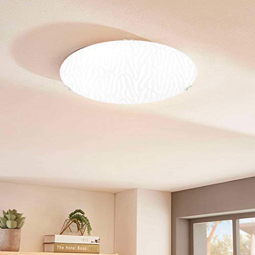 L+ Pendelleuchte aus weißem Glas mit Siebdruck und sandgestrahlt. Gestell aus Metall und Kabel aus transparentem PVC (Deckenleuchte) von L+