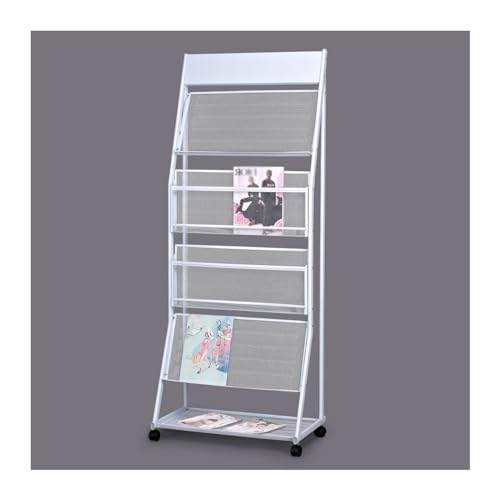 L3s9mPzVb4 Bodenstehender Zeitschriftenständer Zeitschriftenhalter-Broschürenständer, bodenstehender Zeitungsständer, 4-lagiger aus Stahl mit Rädern, Spleißhalterungen for einfache Installation(Weiß) von L3s9mPzVb4