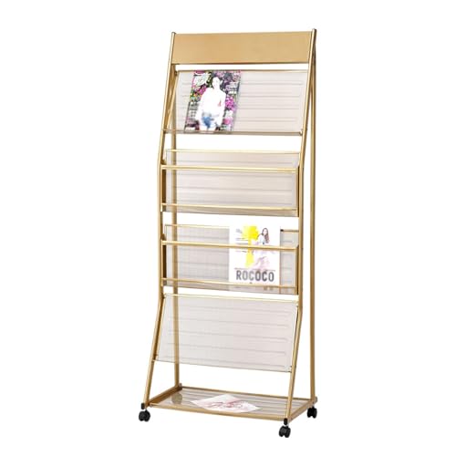L3s9mPzVb4 Bodenstehender Zeitschriftenständer Zeitschriftenhalter-Broschürenständer, bodenstehender Zeitungsständer, 4-lagiger aus Stahl mit Rädern, Spleißhalterungen for einfache Installation(Gold) von L3s9mPzVb4