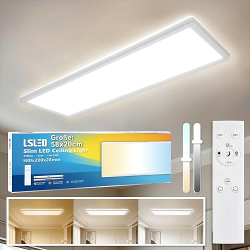 L5L3D LED Deckenleuchte mit Fernbedienung, 58x20x2.8CM 2700K/4000K/6500K22W 2900LM IP44 LED Panel mit Backlight-Effekt für Badezimmer Schlafzimmer Wohnzimmer Küche Bad Keller, Weiß von L5L3D