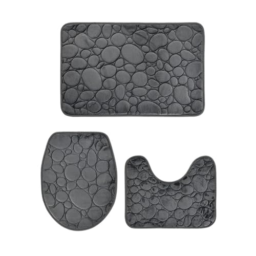 L6NqIAG 1 Set of Solid Color Simple Bathroom Floor Mat Stone Pattern, Comfortable and Soft, Three-Piece Badezimmer Teppiche Sets(Dark Grey) von L6NqIAG