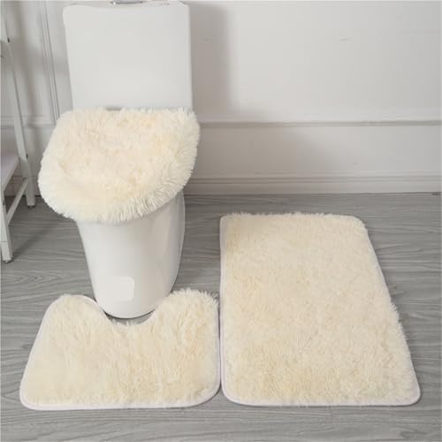 L6NqIAG 3pcs/Set Solid Color Bathroom Mat Set Fluffy Hairs Bath Carpets Modern Toilet Lid Cover Rugs Kit Rectangle 50 * 80 50 * 40 45 * 50cm Badezimmer Teppiche Sets(Beige Set) von L6NqIAG