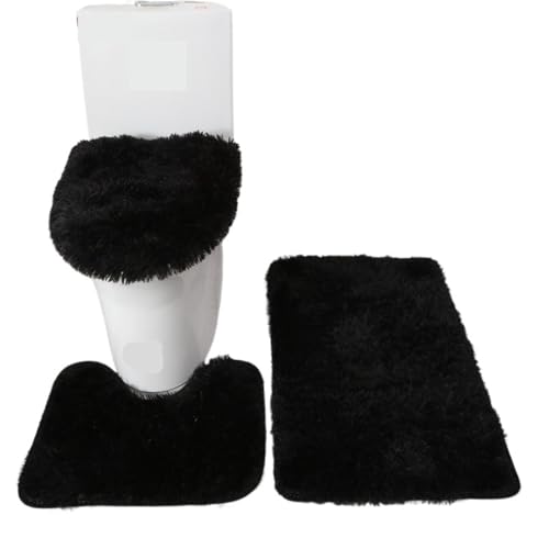 L6NqIAG 3pcs/Set Solid Color Bathroom Mat Set Fluffy Hairs Bath Carpets Modern Toilet Lid Cover Rugs Kit Rectangle 50 * 80 50 * 40 45 * 50cm Badezimmer Teppiche Sets(Black Set) von L6NqIAG