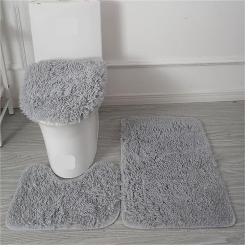 L6NqIAG 3pcs/Set Solid Color Bathroom Mat Set Fluffy Hairs Bath Carpets Modern Toilet Lid Cover Rugs Kit Rectangle 50 * 80 50 * 40 45 * 50cm Badezimmer Teppiche Sets(Grey Set) von L6NqIAG