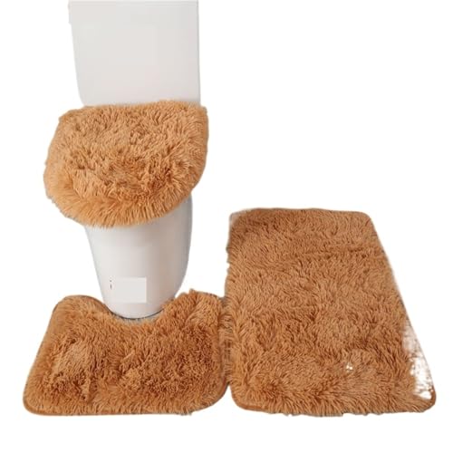 L6NqIAG 3pcs/Set Solid Color Bathroom Mat Set Fluffy Hairs Bath Carpets Modern Toilet Lid Cover Rugs Kit Rectangle 50 * 80 50 * 40 45 * 50cm Badezimmer Teppiche Sets(Khaki Set) von L6NqIAG