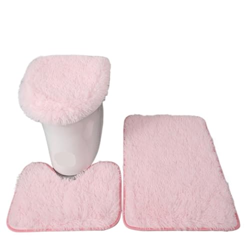 L6NqIAG 3pcs/Set Solid Color Bathroom Mat Set Fluffy Hairs Bath Carpets Modern Toilet Lid Cover Rugs Kit Rectangle 50 * 80 50 * 40 45 * 50cm Badezimmer Teppiche Sets(Pink Set) von L6NqIAG