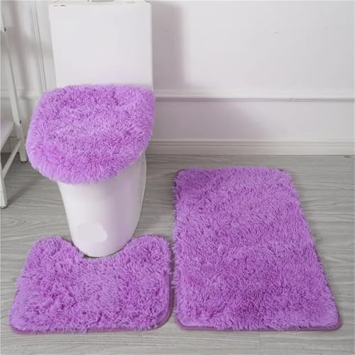 L6NqIAG 3pcs/Set Solid Color Bathroom Mat Set Fluffy Hairs Bath Carpets Modern Toilet Lid Cover Rugs Kit Rectangle 50 * 80 50 * 40 45 * 50cm Badezimmer Teppiche Sets(Purple Set) von L6NqIAG
