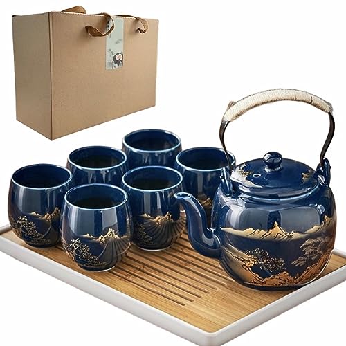 Japanisches Tee-Set, 6 Stück, 1,2 l, blaue Porzellan-Teekanne und 6 Tassen, goldfarbenes handbemaltes Teegeschirr mit Edelstahl-Teesieb und Tablett, traditioneller Stil, Geschenk für Teeliebhaber Japanisches Tee-Set, 6 Stück, 1,2 l, blaue Porzellan-Teekanne und 6 Tassen, goldfarbenes handbemaltes Teegeschirr mit Edelstahl-Teesieb und Tablett, traditioneller Stil, Geschenk für Teeliebhaber von LA BELLE VIE better homes & living