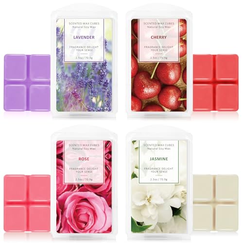 LA BELLEFÉE Duftwachs Wax Melts 100% Sojawachs Raumduft Duftkerze 4 Pack, insgesamt 24 Würfel (280g) - Jasmin, Lavendel, Kirsche, Rose, Geschenk für Weihnachten, Hochzeiten, Geburtstag, Vatertag von LA BELLEFÉE