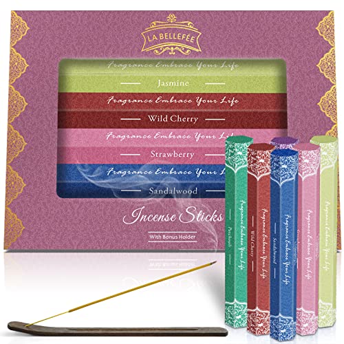 LA BELLEFÉE Räucherstäbchen Set 120 Sticks, 6 Boxen mit 6 Düfte - Sandelholz, Jasmin, Patchouli, Afrikanisches Veilchen, Erdbee von LA BELLEFÉE