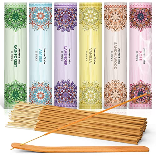 LA BELLEFÉE Räucherstäbchen Set 120 Sticks, 6 Boxen mit 6 Düfte - Sandelholz, Lavendel, Bernstein Moschus, Rose, Regenwald, mit 1 x Räucherstäbchenhalter von LA BELLEFÉE