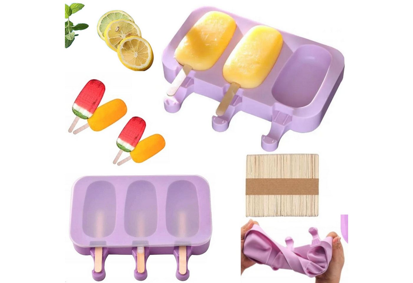 LA CUTE Eisform Silikon Eisform für hausgemachtes Eis, hitzebeständig & flexibel, (Eisform-Set für 3 Stieleis, inklusive passender Holzstiele), Hitzebeständige, flexible Silikonform für perfekte Eis-Kreationen von LA CUTE