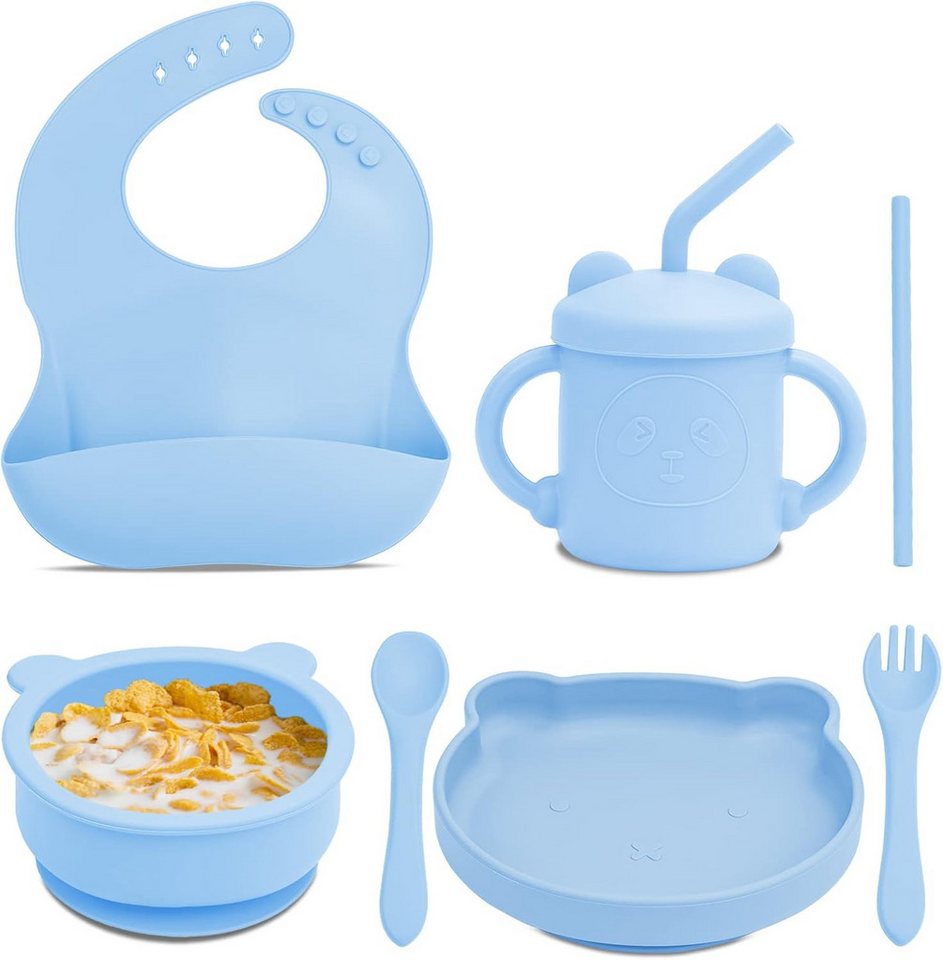 LA CUTE Kindergeschirr-Set Baby-Geschirrset Silikon, 7-teilig, rutschfest mit Saugnapf. (7-tlg), 1 Personen, Rutschfestes Silikon-Geschirr mit Saugnapf und spülmaschinenfest. von LA CUTE